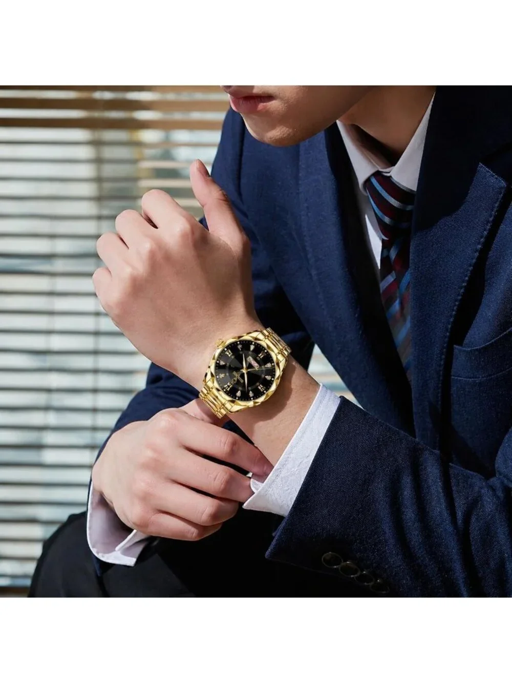 Men Gold And Black Analog Stainless Steel Roman Numeral Diamond Waterproof Watch